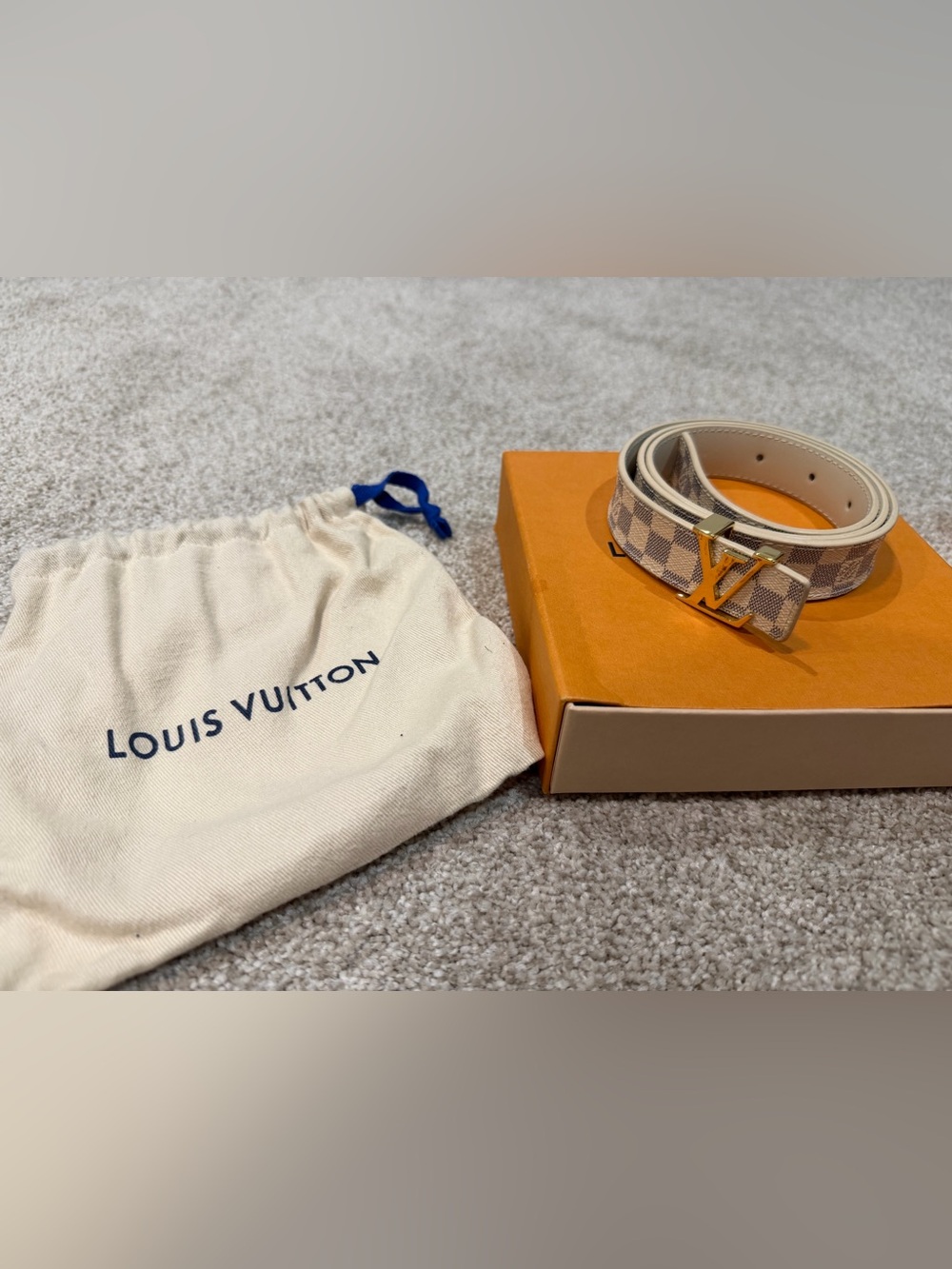 Louis Vuitton Womens Damier Azur Canvas Belt with Gold LV Buckle